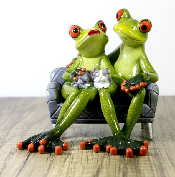 Grenouilles décoratives - Couple avec leur chat